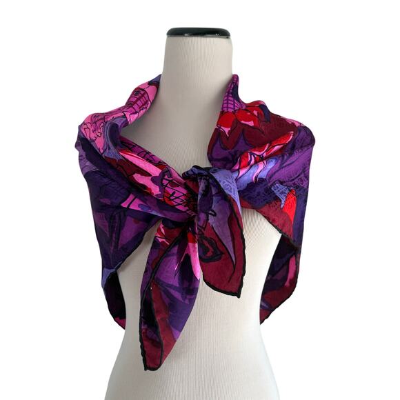 Whimsical Silk Scarf Vintage Ken Scott Surrealism Floral Pink Purple Black Retro - Picture 3 of 10